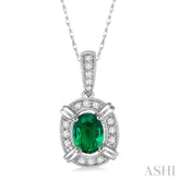 6x4 MM Oval Cut Emerald and 1/10 Ctw Round Cut Diamond Pendant in 14K White Gold with Chain