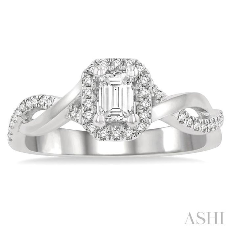 1/5 Ctw Twisted Shank Emerald Shape Round Cut Diamond Semi-Mount Engagement Ring in 14K White Gold