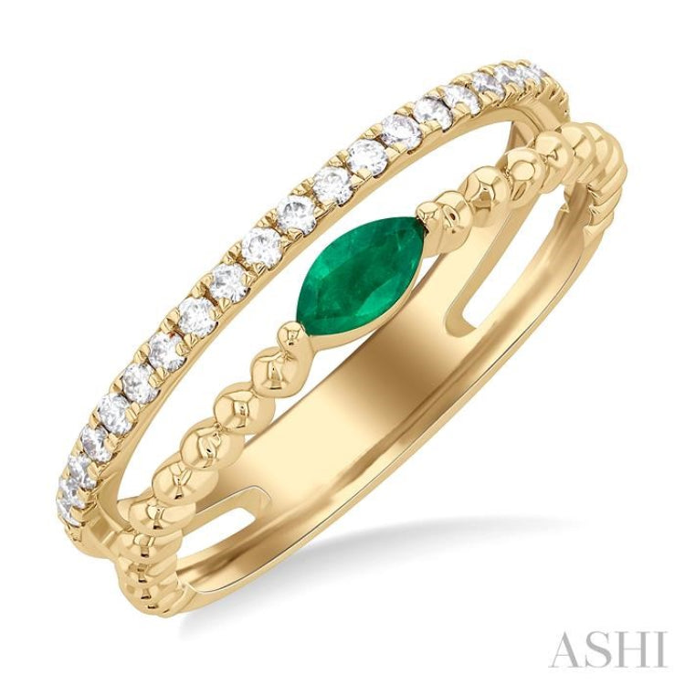 5x2.5 MM Marquise Shape Emerald and 1/5 Ctw Round Cut Diamond Precious Split Twin Ring in 10K Yellow Gold