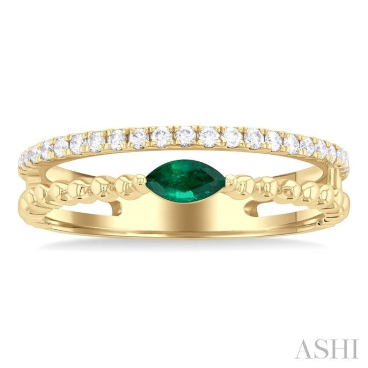 5x2.5 MM Marquise Shape Emerald and 1/5 Ctw Round Cut Diamond Precious Split Twin Ring in 10K Yellow Gold