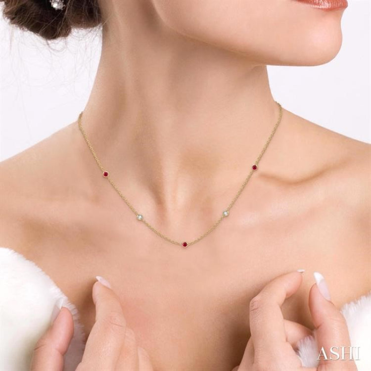 2.85 MM Ruby and 1/2 Ctw Round Cut Diamond Precious Station Necklace in 14K Yellow Gold