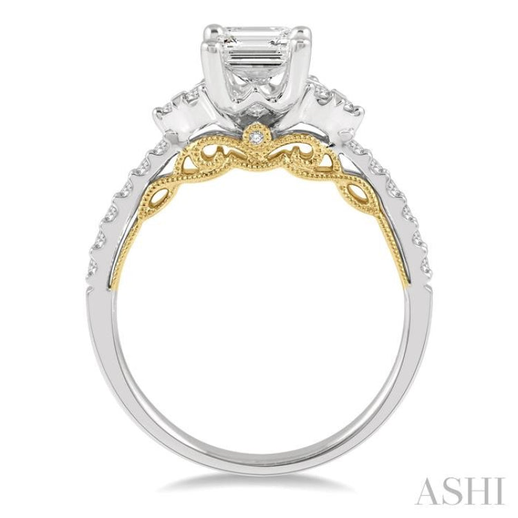 1/3 Ctw Tri Mount Emerald Shape Round Cut Diamond Semi-Mount Engagement Ring in 14K White and Yellow Gold