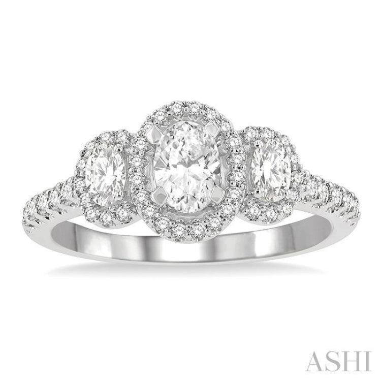 1 Ctw Past, Present & Future Round Cut Diamond Engagement Ring With 3/8 Ct Oval Cut Center Stone in 14K White Gold