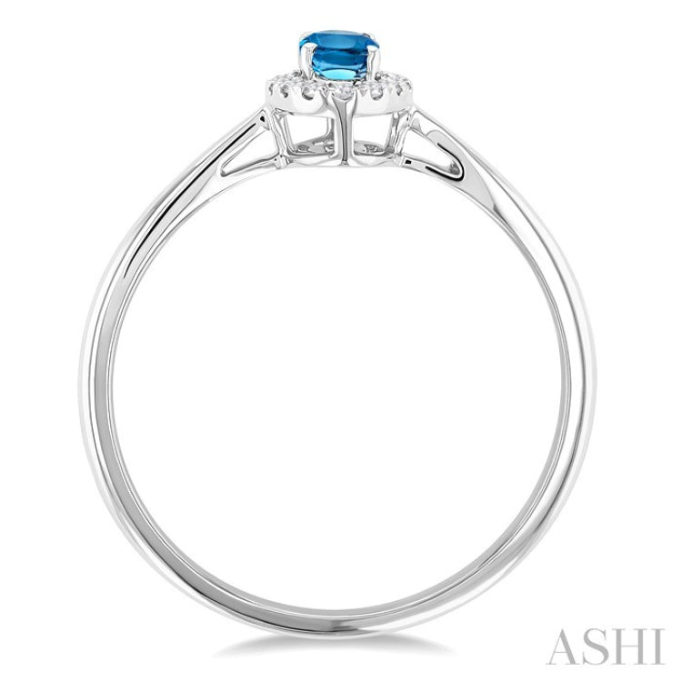 5X3 MM Oval Shape Blue Topaz and 1/20 Ctw Round Cut Diamond Halo Semi-Precious Ring in 10K White Gold