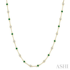 2.40 MM Round Shape Emerald and 7/8 Ctw Round Cut Diamond Precious Station Necklace in 14K Yellow Gold