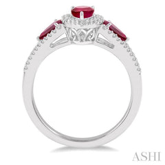 6X4 MM & 5X3 MM Triple Pear Shape Ruby and 1/5 Ctw Round Cut Diamond Precious Past Present and Future Ring in 10K White Gold