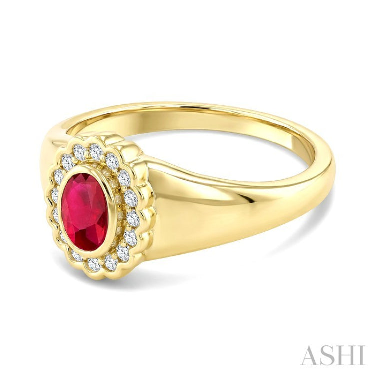 6X4 MM Oval Shape Ruby and 1/6 Ctw Round Cut Diamond Bold Precious Ring in 10K Yellow Gold