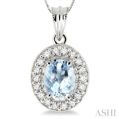 8x6 MM Oval Cut Aquamarine and 1/3 Ctw Round Cut Diamond Pendant in 14K White Gold with Chain