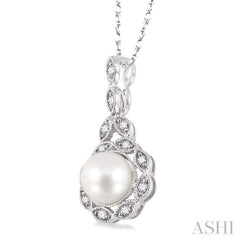 6.5 MM Cultured Pearl and 1/10 Ctw Single Cut Diamond Pendant in 14K White Gold with Chain