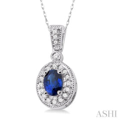 6x4 MM Oval Cut Sapphire and 1/8 Ctw Round Cut Diamond Pendant in 14K White Gold with Chain