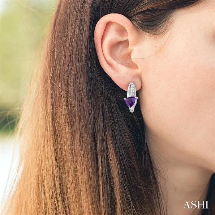 6x6 MM Trillion Cut Amethyst and 1/20 Ctw Round Cut Diamond Earrings in 10K White Gold