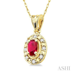 5x3 MM Oval Shape Ruby and 1/20 Ctw Round Cut Diamond Pendant in 14K Yellow Gold with Chain