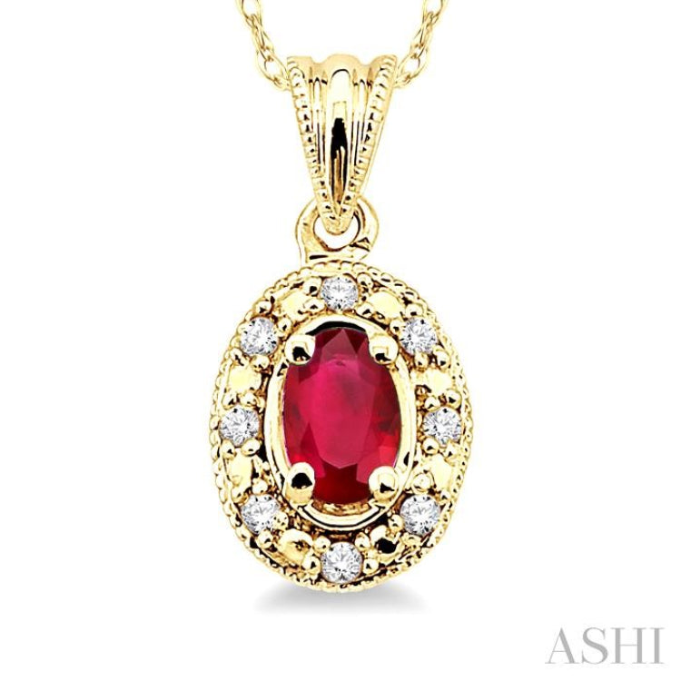 5x3 MM Oval Shape Ruby and 1/20 Ctw Round Cut Diamond Pendant in 14K Yellow Gold with Chain