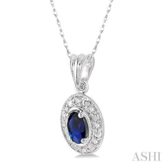 5x3 MM Oval Shape Sapphire and 1/20 Ctw Single Cut Diamond Pendant in 14K White Gold with Chain