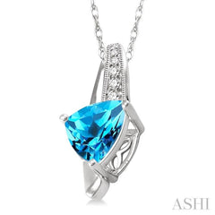 8x8 MM Trillion Cut Blue Topaz and 1/20 Ctw Single Cut Diamond Pendant in 10K White Gold with Chain