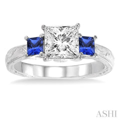 3.3 MM Princess Cut Sapphire and 1/50 Ctw Diamond Semi-Mount Engagement Ring in 14K White Gold