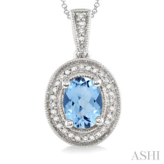 8x6 MM Oval Cut Blue Topaz and 1/20 Ctw Single Cut Diamond Pendant in Sterling Silver with Chain