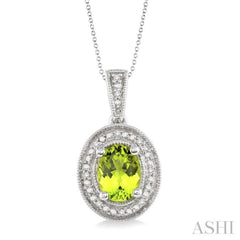 8x6 MM Oval Cut Peridot and 1/20 Ctw Single Cut Diamond Pendant in Sterling Silver with Chain