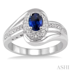 6x4 MM Oval Cut Sapphire and 1/50 Ctw Round Cut Diamond Ring in Sterling Silver