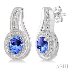 5x3 MM Oval Cut Tanzanite and 1/50 Ctw Round Cut Diamond Earrings in Sterling Silver