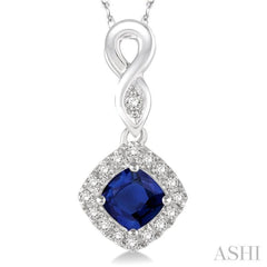 4x4 MM Cushion Shape Sapphire and 1/10 Ctw Round Cut Diamond Pendant in 10K White Gold with Chain