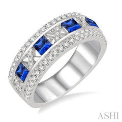 3x3 MM Princess Cut Sapphire and 3/8 Ctw Round Cut Diamond Precious Band in 14K White Gold