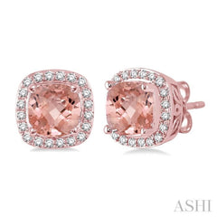 6x6  MM Cushion Shape Morganite and 1/4 Ctw Round Cut Diamond Earrings in 14K Rose Gold