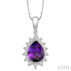 1/10 Ctw Pear Shape 9x6 MM Amethyst & Round Cut Diamond Semi Precious Pendant in 10K White Gold