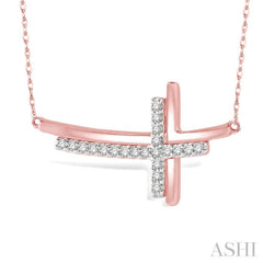 1/10 Ctw Reclining Double Cross Round Cut Diamond Pendant With Link Chain in 10K Rose Gold