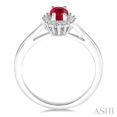 6X4 MM Oval Cut Ruby Center and 1/8 Ctw Round Cut Diamond Halo Precious Stone Ring in 10K White Gold