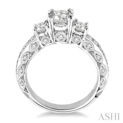 1 1/6 Ctw Tri Stone Semi-Mount Diamond Engagement Ring in 14K White Gold