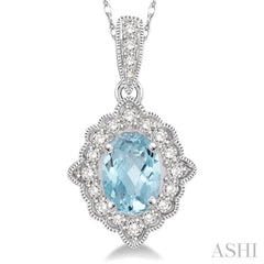 1/6 Ctw Round Cut Diamond and Ethnic Oval Cut 6x4 MM Aquamarine Semi Precious Pendant in 10K White Gold with chain