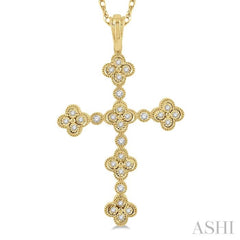 1/8 Ctw Floral Cross Round Cut Diamond Pendant With Link Chain in 10K Yellow Gold