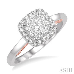 1/2 Ctw Cushion Shape Lovebright Round Cut Diamond Ring in 14K White and Rose Gold