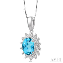 1/10 Ctw Oval Shape 8x6 MM Blue Topaz & Round Cut Diamond Semi Precious Pendant in 10K White Gold