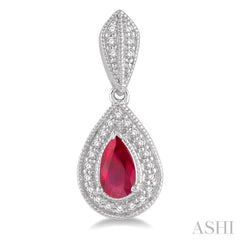 1/6 Ctw Pear Shape 5x3 MM Ruby & Round Cut Diamond Precious Earring in 10K White Gold