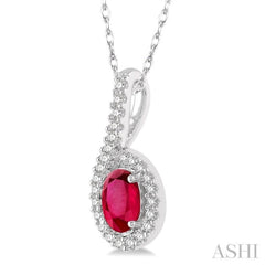 1/8 Ctw Oval Shape 6x4 MM Ruby & Round Cut Diamond Precious Pendant in 10K White Gold