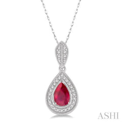 1/10 Ctw Pear Shape 6x4 MM Ruby & Round Cut Diamond Precious Pendant With Chain in 10K White Gold