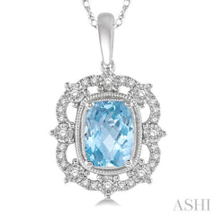 1/5 Ctw Cushion Shape 8x6 MM Aquamarine & Round Cut Diamond Semi Precious Pendant With Chain in 10K White Gold