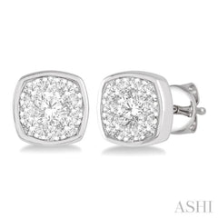 1/2 ctw Cushion Shape Round Cut Diamond Lovebright  Bezel Stud Earring in 14K White Gold