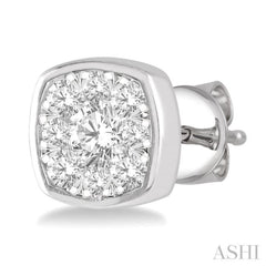 1/2 ctw Cushion Shape Round Cut Diamond Lovebright  Bezel Stud Earring in 14K White Gold