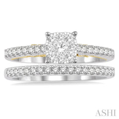 5/8 Ctw Lovebright Diamond Wedding Set With 1/2 Ctw Cushion Shape Engagement Ring 14K White and Yellow Gold & 1/6 Ctw Wedding Band in 14K White Gold