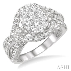 1 1/10 Ctw Split Shank Oval Shape Lovebright Round Cut Diamond Ring in 14K White Gold
