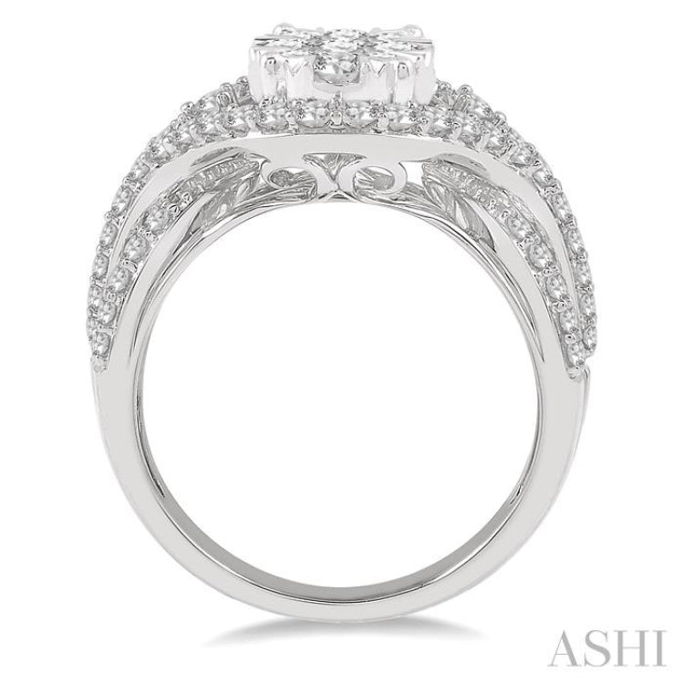 1 1/10 Ctw Split Shank Oval Shape Lovebright Round Cut Diamond Ring in 14K White Gold