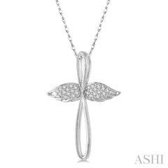 1/10 Ctw Twisted Cross Angel Wings Round Cut Diamond Pendant With Chain in 10K White Gold