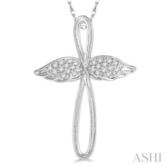 1/10 Ctw Twisted Cross Angel Wings Round Cut Diamond Pendant With Chain in 10K White Gold