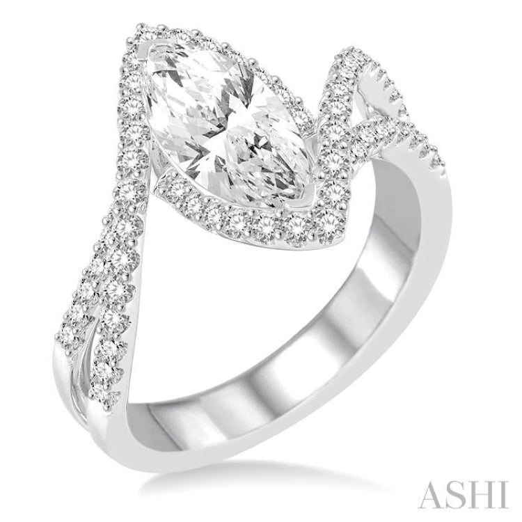 5/8 Ctw Marquise Center Bypass Shank Semi-Mount Round Cut Diamond Ring in 14K White Gold