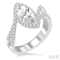 5/8 Ctw Marquise Center Bypass Shank Semi-Mount Round Cut Diamond Ring in 14K White Gold
