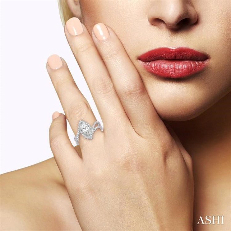 5/8 Ctw Marquise Center Bypass Shank Semi-Mount Round Cut Diamond Ring in 14K White Gold