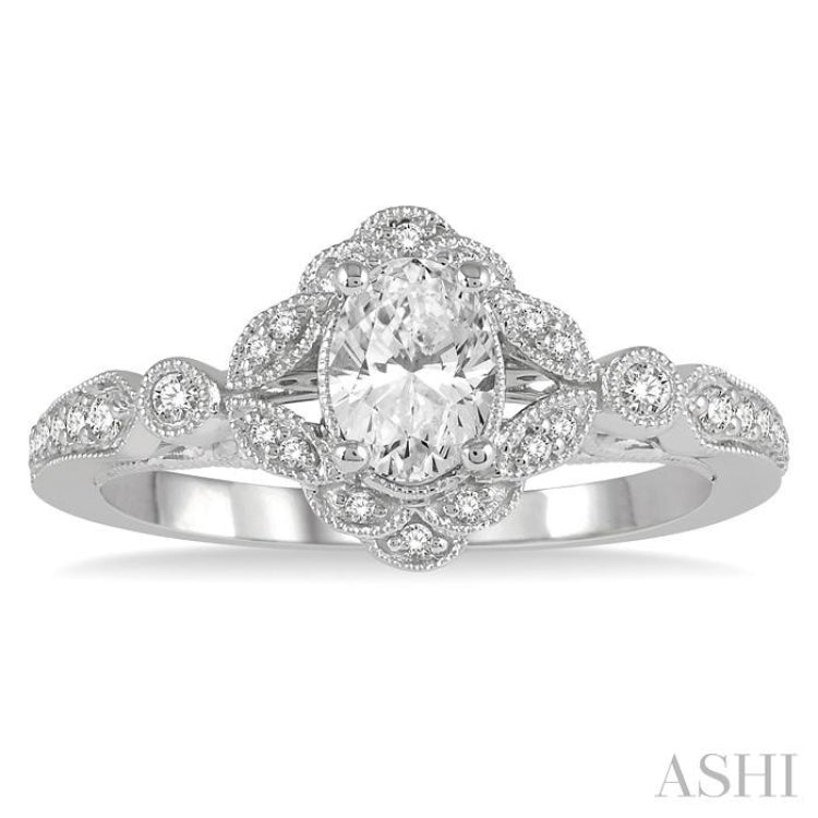 5/8 Ctw Lattice Oval and Round Cut Diamond Ladies Engagement Ring with 3/8 Ct Oval Cut Center Stone in 14K White Gold